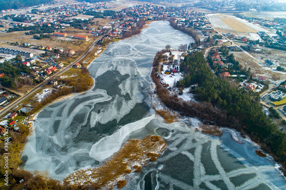 View from the drone on the frozen lake.