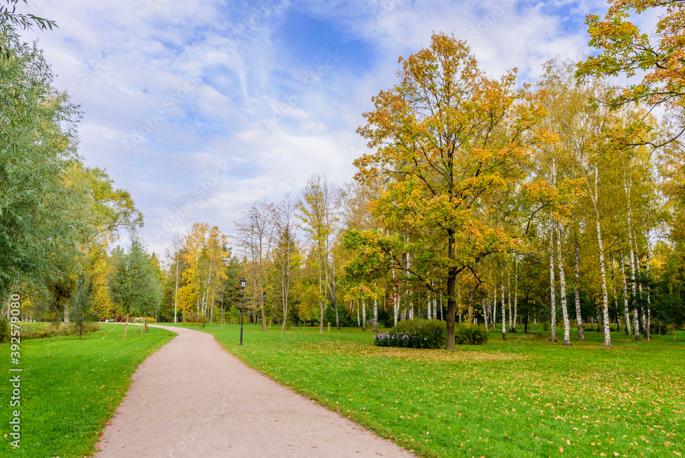 Fototapeta premium Sightseeing of Saint Petersburg. Picturesque Park in autumn in Gatchina town, a suburb of Saint Petersburg, Russia