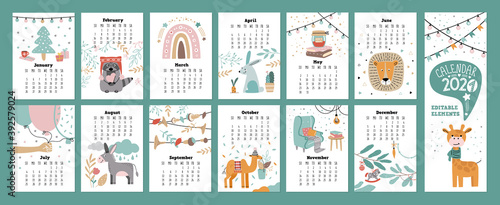 Wall calendar 2021 with animals. School organizer and schedule. Cute lion, giraffe, rabbit, camel, donkey and raccoon characters. Vector illustration in doodle style.