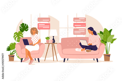 Vector illustration of freelance work. Girls work at the computer at home on the couch. Freelance or studying concept. Girls have a lot of work. Vector illustration of student studying at home. Flat.