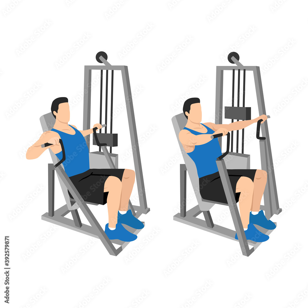 Hammer strength machine. Seated chest press exercise. Flat vector  illustration isolated on white background. Workout character Stock Vector |  Adobe Stock