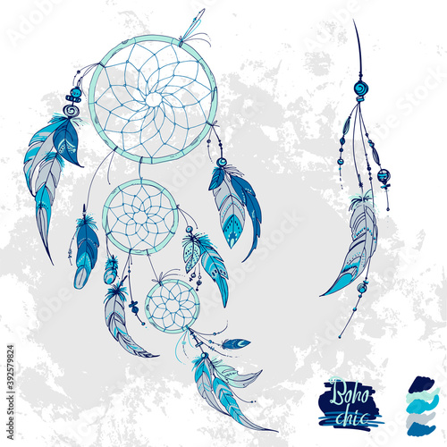 Dreamcatcher, Set of ornaments, feathers and beads. Native american indian dream catcher, traditional symbol. Feathers and beads on white background. Vector decorative elements hippie.