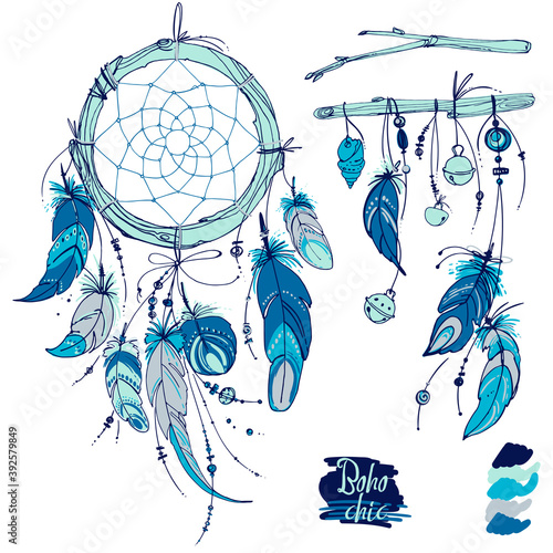 Dreamcatcher, Set of ornaments, feathers and beads. Native american indian dream catcher, traditional symbol. Feathers and beads on white background. Vector decorative elements hippie.