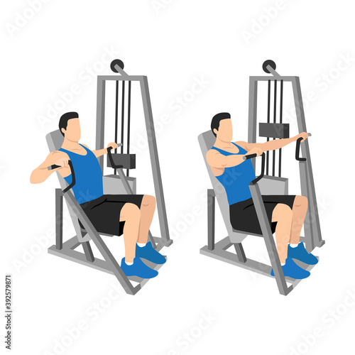Hammer strength machine. Seated chest press exercise. Flat vector illustration isolated on white background. Workout character