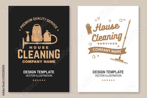 Cleaning company covers, invitations, posters, banners, flyers. Vector. Vintage typography design with cleaning equipments. Cleaning service template for company related business