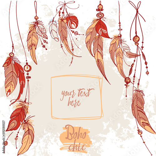 Set of ornaments, feathers and beads. Native american indian dream catcher, traditional symbol. Feathers and beads on white background. Vector decorative elements hippie.