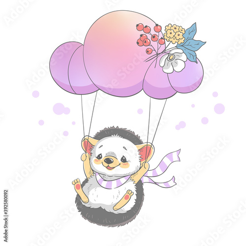 Vector illustration of a cute hedgehog flying with a cloud.
