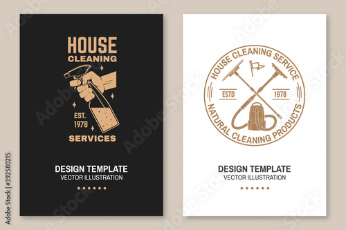 Cleaning company covers, invitations, posters, banners, flyers. Vector. Vintage typography design with cleaning equipments. Cleaning service template for company related business