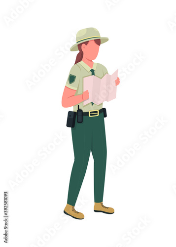 Environmental police female officer flat color vector faceless character. Ranger in uniform with map. Law enforcement woman isolated cartoon illustration for web graphic design and animation