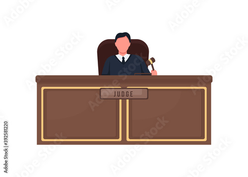 Court judge flat color vector faceless character. Legal procedure Male courthouse worker with gavel. Law and justice isolated cartoon illustration for web graphic design and animation