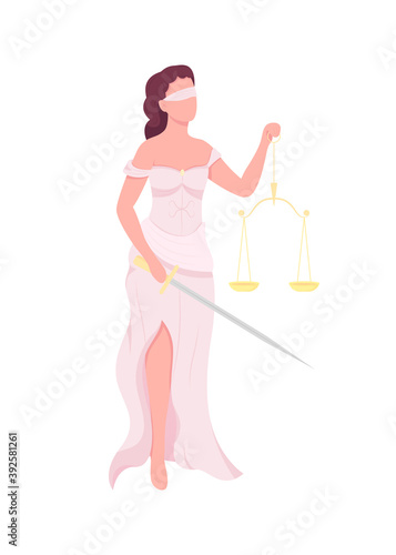 Goddess of justice flat color vector faceless character. Blindfolded lady. Blind woman with scales. Court law and justice. Femida isolated cartoon illustration for web graphic design and animation