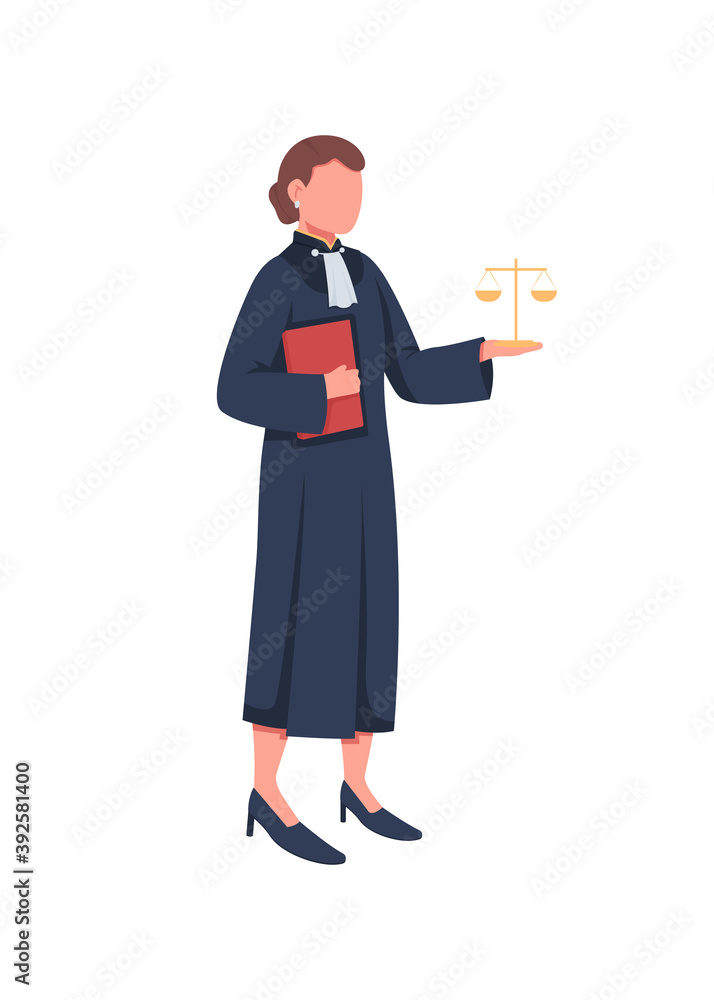 Female judge flat color vector faceless character. Law, justice. Supreme court. Woman with scales. Legal tribunal. Courthouse trial isolated cartoon illustration for web graphic design and animation