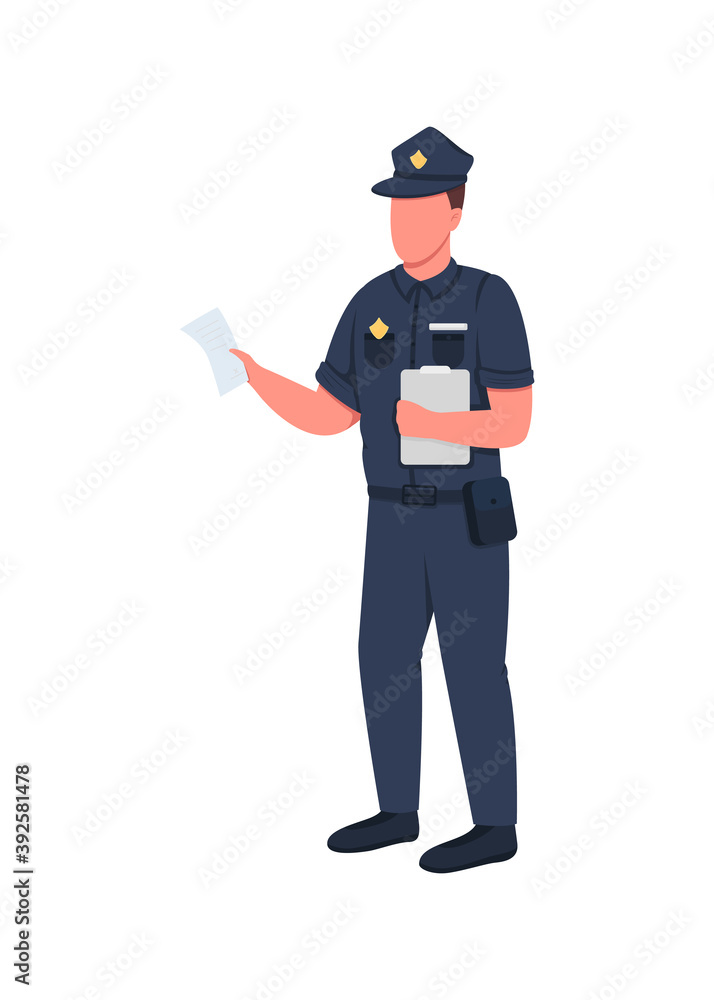 Policeman with penalty ticket flat color vector faceless character. Man with fine for law violation. Police officer isolated cartoon illustration for web graphic design and animation