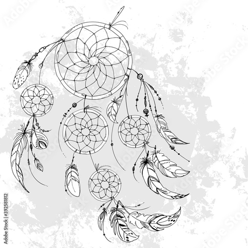 Dreamcatcher, Set of ornaments, feathers and beads. Native american indian dream catcher, traditional symbol. Feathers and beads on white background. Vector decorative elements hippie.