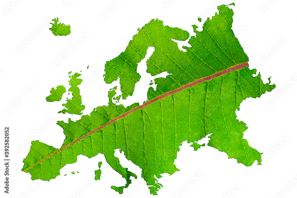 Map of Europe in green leaf texture on a white isolated background. Ecology, climate concept, 3d illustration Map of Europe in green leaf texture on a white isolated background. Ecology, climate concept, 3d illustration