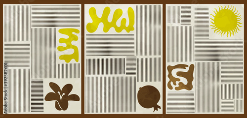 A set of three colorful aesthetic backgrounds. Minimalistic posters for social media, web design. Vintage watercolor illustrations with stripes, blots, lines, curves in pastel colors.