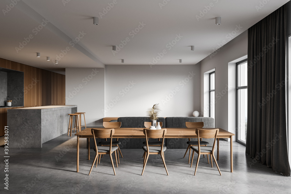 Fototapeta premium White and wooden kitchen interior with table