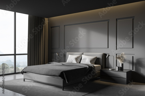 Gray master bedroom corner with bed