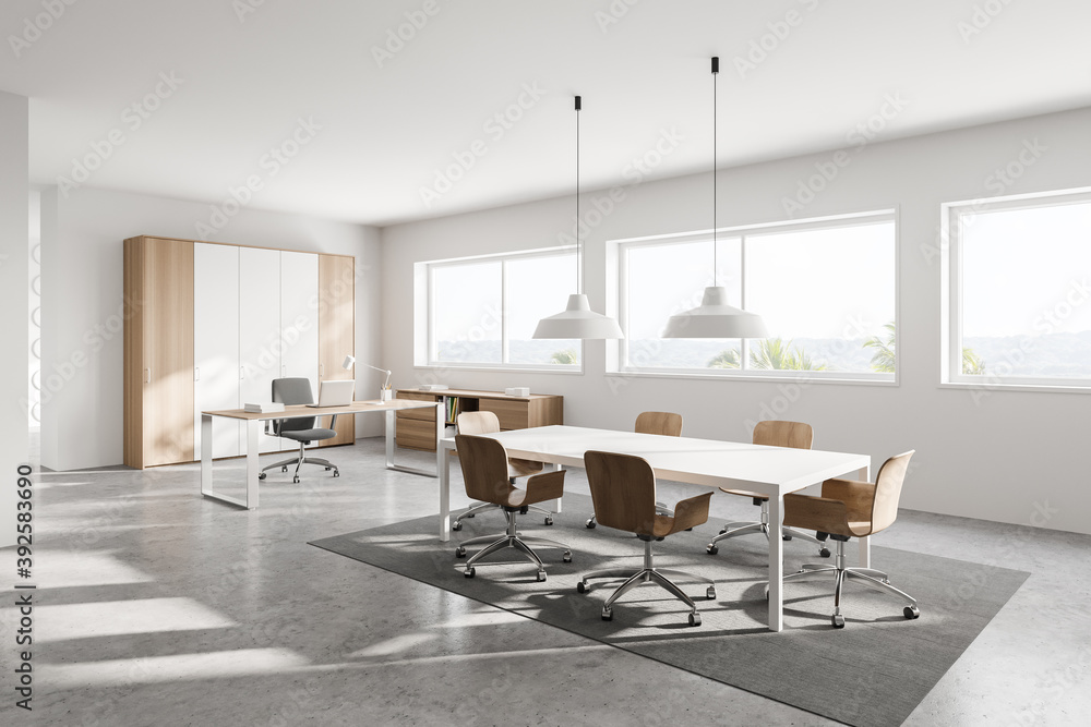 Fototapeta premium White and wooden meeting room corner with window