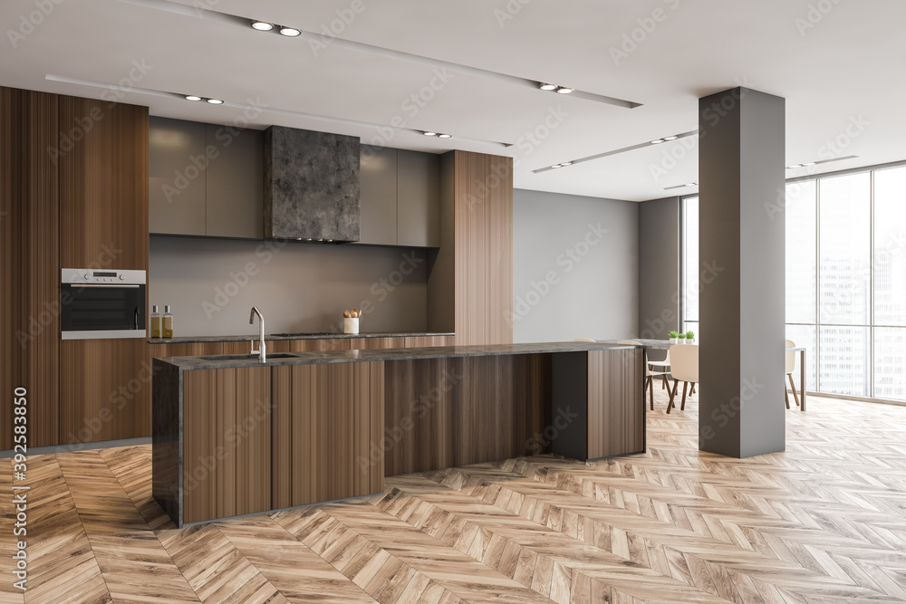 Wooden kitchen set with parquet floor in modern stylish minimalist apartment - obrazy, fototapety, plakaty 