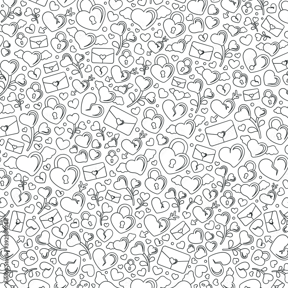Valentine's, romance and love themed icons doodle collage black and white outline vector illustration. Detailed coloring book page design for adults.
