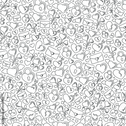 Valentine s  romance and love themed icons doodle collage black and white outline vector illustration. Detailed coloring book page design for adults.