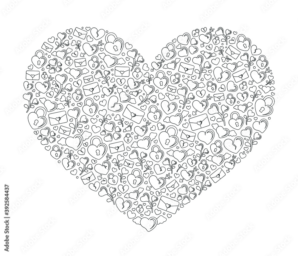 Valentine's, romance and love themed icons doodle collage shaped into a heart black and white outline vector illustration. Detailed coloring book page design for adults.