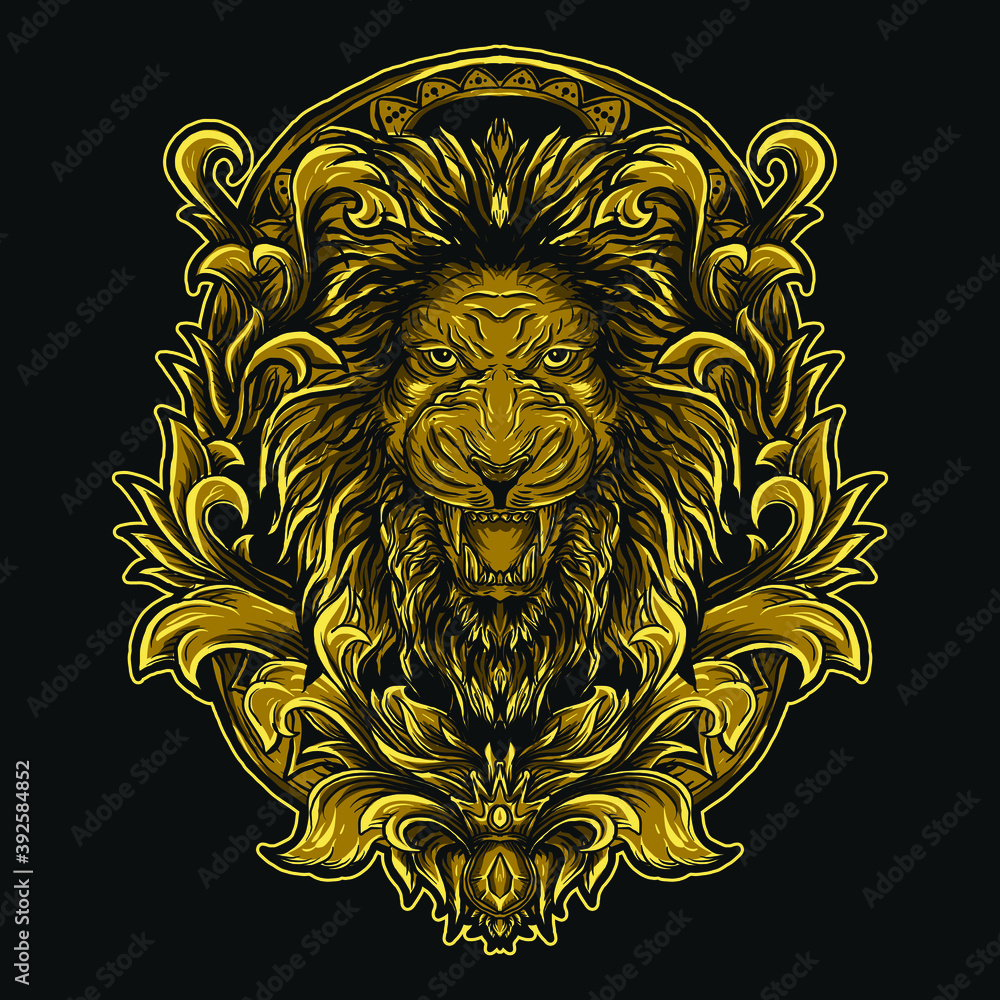 artwork illustration and t-shirt design lion head engraving ornament premium vector
