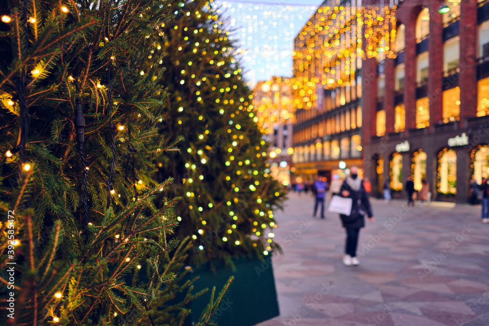 Finland, Helsinki - November 10, 2020: The Christmas decoration on the street of Central Helsinki.