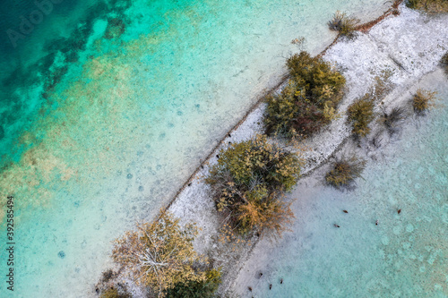 Insel von oben mit Drohne fotografiert  B  ume und Seeufer 
