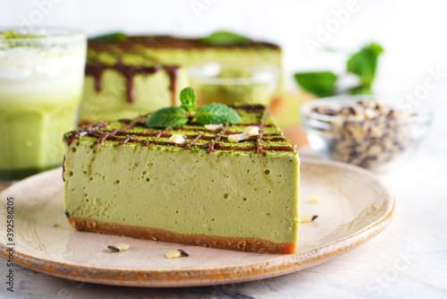 Cheesecake with japanese green matcha tea