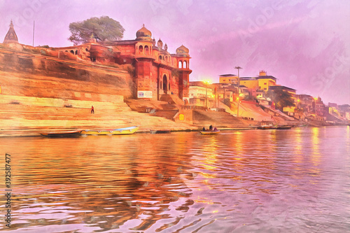 Chet Singh fort Cityscape from Ganges colorful painting, Varanasi, Uttar Pradesh, India.