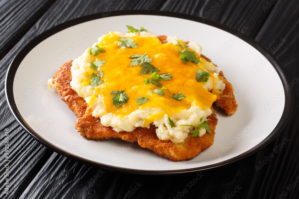 English cuisine breaded chicken fillet cooked with bechamel sauce and cheddar cheese close-up in a plate. horizontal English cuisine breaded chicken fillet cooked with bechamel sauce and cheddar cheese close-up in a plate. horizontal