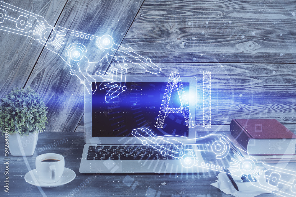 Double exposure of desktop computer and technology theme hologram. Concept of software development. Double exposure of desktop computer and technology theme hologram. Concept of software development.