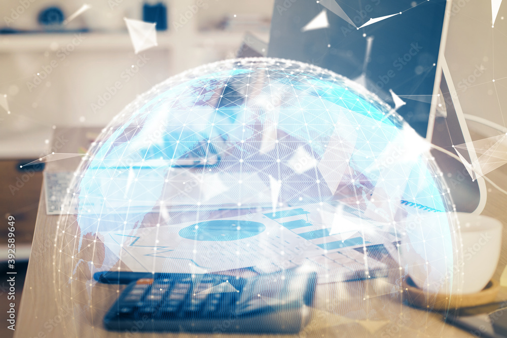Multi exposure of business theme icons and work space with computer background. Concept of success. Multi exposure of business theme icons and work space with computer background. Concept of success.
