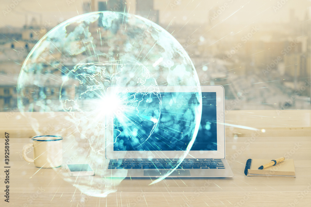 Multi exposure of business theme icons and work space with computer background. Concept of success. Multi exposure of business theme icons and work space with computer background. Concept of success.