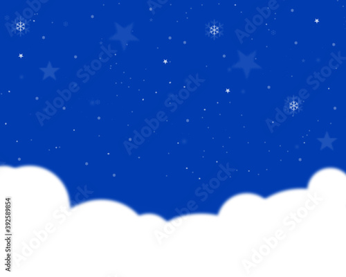 Ilustracja tło zimowe przedstawiające wieczorne niebo z opadającym śniegiem i gwiazdkami oraz śnieżnymi zaspami