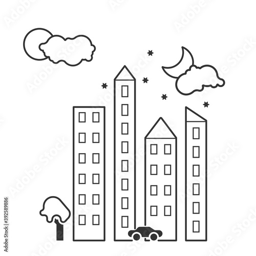Cityscape with tall buildings night and day. Editable strokes.