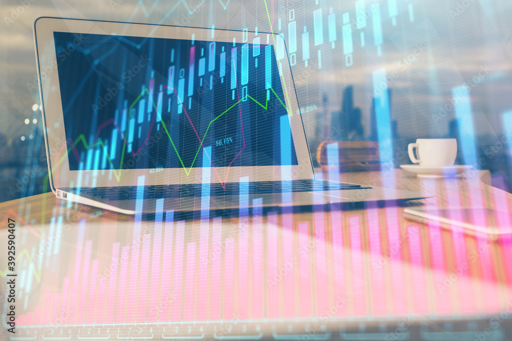 Stock market graph and table with computer background. Multi exposure. Concept of financial analysis. Stock market graph and table with computer background. Multi exposure. Concept of financial analysis.