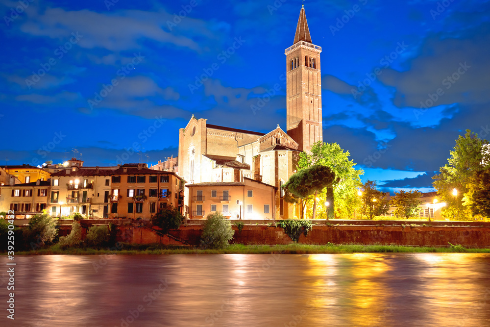 Verona. Basilica di Santa Anastasia and Adige river evening view