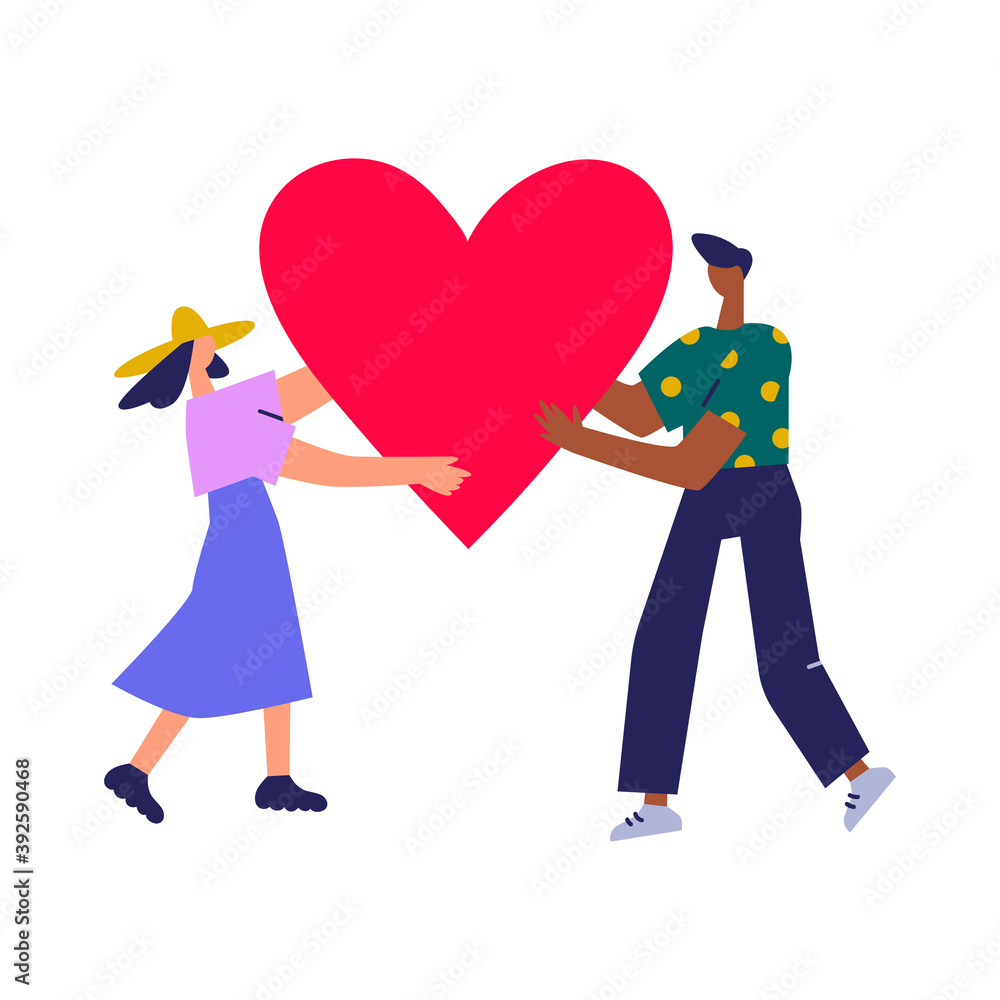 Girl and boy holding red paper heart. Cartoon flat vector illustration isolated on white background. Concept of love and happy valentine day.
Girl and boy holding red paper heart. Cartoon flat vector illustration isolated on white background. Concept of love and happy valentine day.