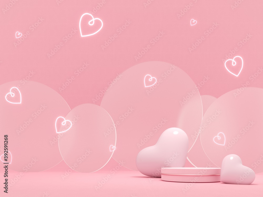 Studio with pink hearts, symbol of love. Holiday greeting card for Valentine's Day - 3d, render with copy space on February 14, March 8. Premium podium, stand on pastel, light background.