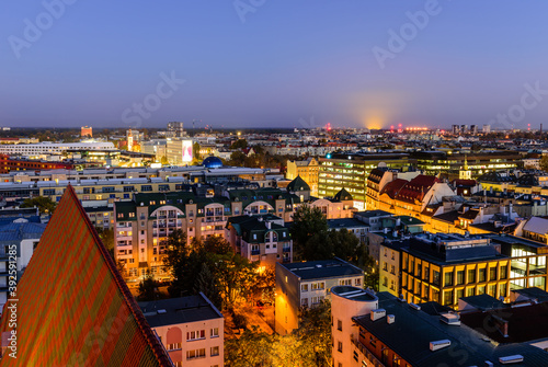 Sightseeing of Poland. Cityscape of Wroclaw, beautiful aerial night view. 