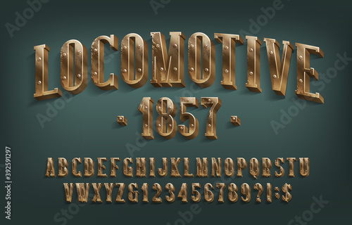 Locomotive 1857 alphabet font. 3D brass letters and numbers with screws. Stock vector typescript for your design.