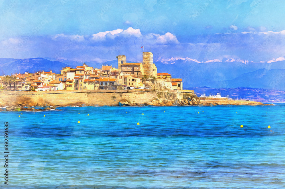 Beautiful seascape with small town colorful painting looks like picture Beautiful seascape with small town colorful painting looks like picture
