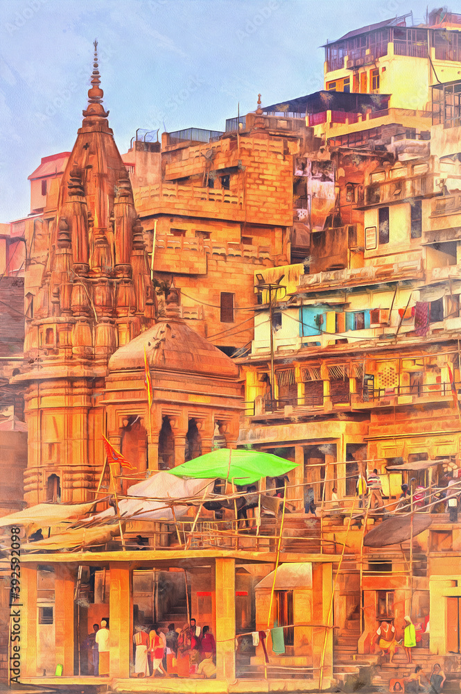 Cityscape from Ganges colorful painting