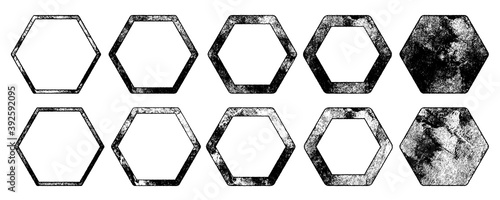Eroded texture shapes. Hexagons with rough rolled ink textures taken from high resolution scans. Variety of rough and subtle textures for stamp, callout, logo, icon backgrounds. High quality vectors