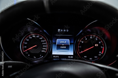 car dashboard and speedometer and other gauges