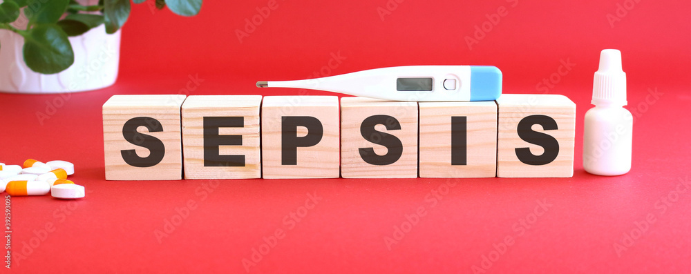 The word SEPSIS is made of wooden cubes on a red background. Medical concept. The word SEPSIS is made of wooden cubes on a red background. Medical concept.