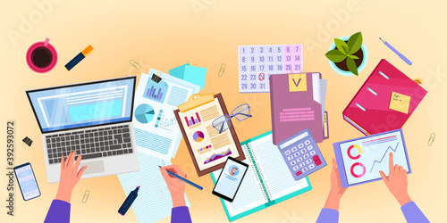 Finance audit and business analysis vector flat lay illustration with hands, laptop, papers, tablet. Tax report and budget planning background with graphs, stationery, documents. Finance audit banner
